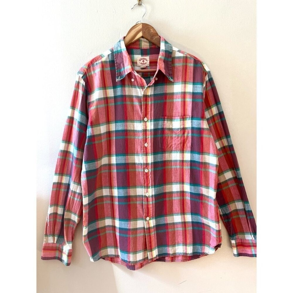 Brooks Brothers Sz L Red Fleece Plaid Button Down Shirt Chest Pocket